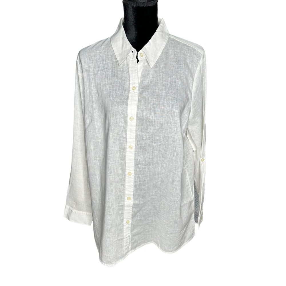 Christopher and Banks Top Womens Size Medium White Collar Button Down Semi Sheer